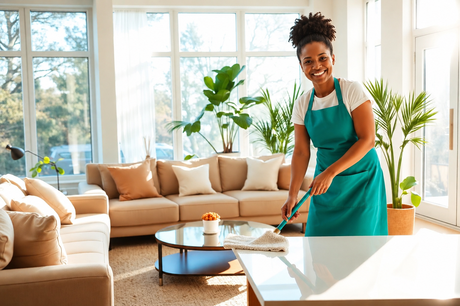 Ze Cleaning team member making a bright living room spotless